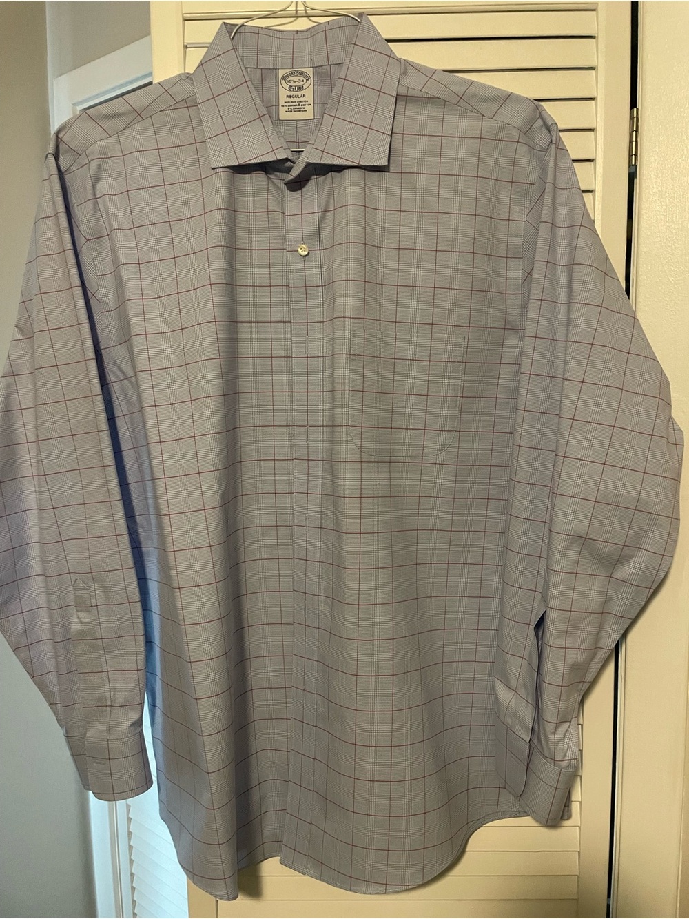 Brooks Brothers Pale Blue Windowpane Dress Shirt with Red Grid. 16.5 - 34